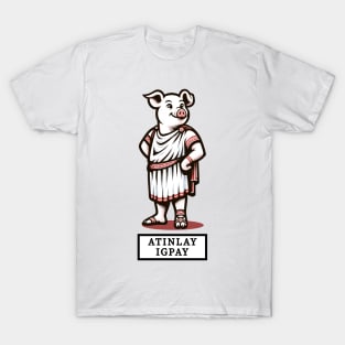 Latin Pig in Toga Cartoon T-Shirt, Funny Pig Latin Phrase Tee, Novelty Graphic Shirt, for Pig and Pig Latin Enthusiasts T-Shirt